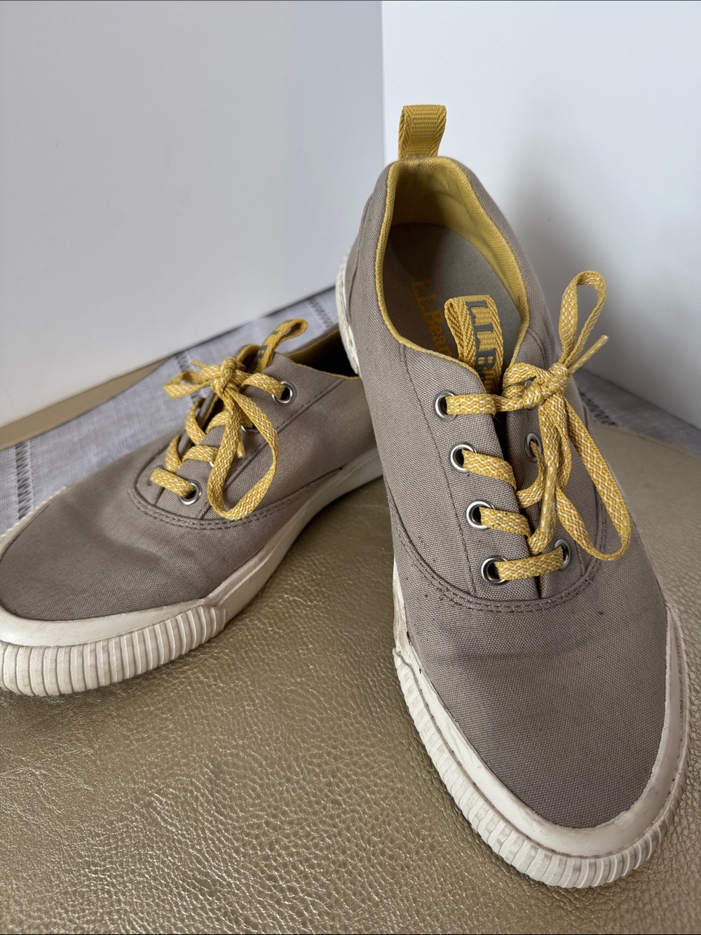 L.L. Bean Taupe Canvas Sneakers with Yellow Accents